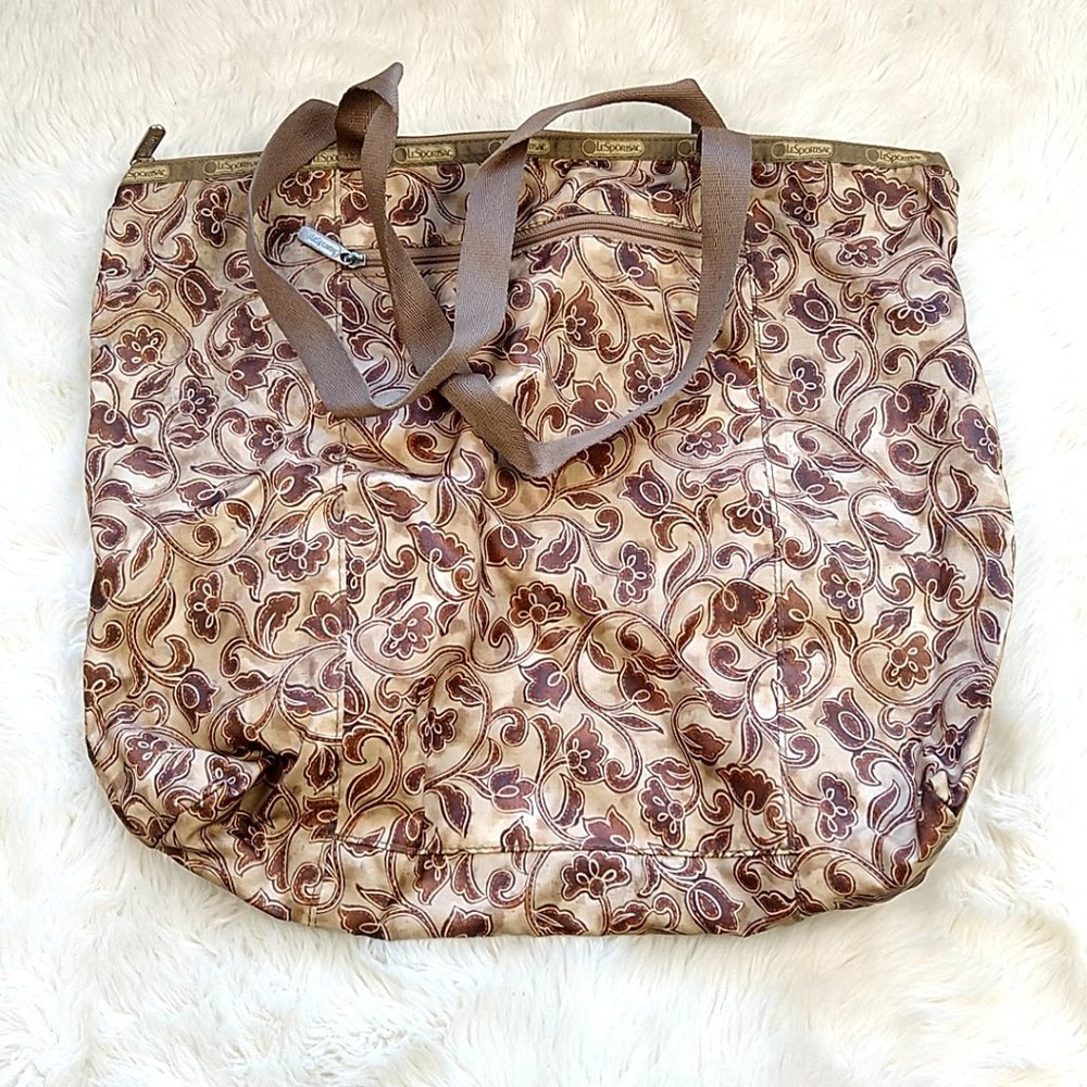 LeSportsac Shoulder Tote Bag Brown Floral‎ Zip Pocket Canvas